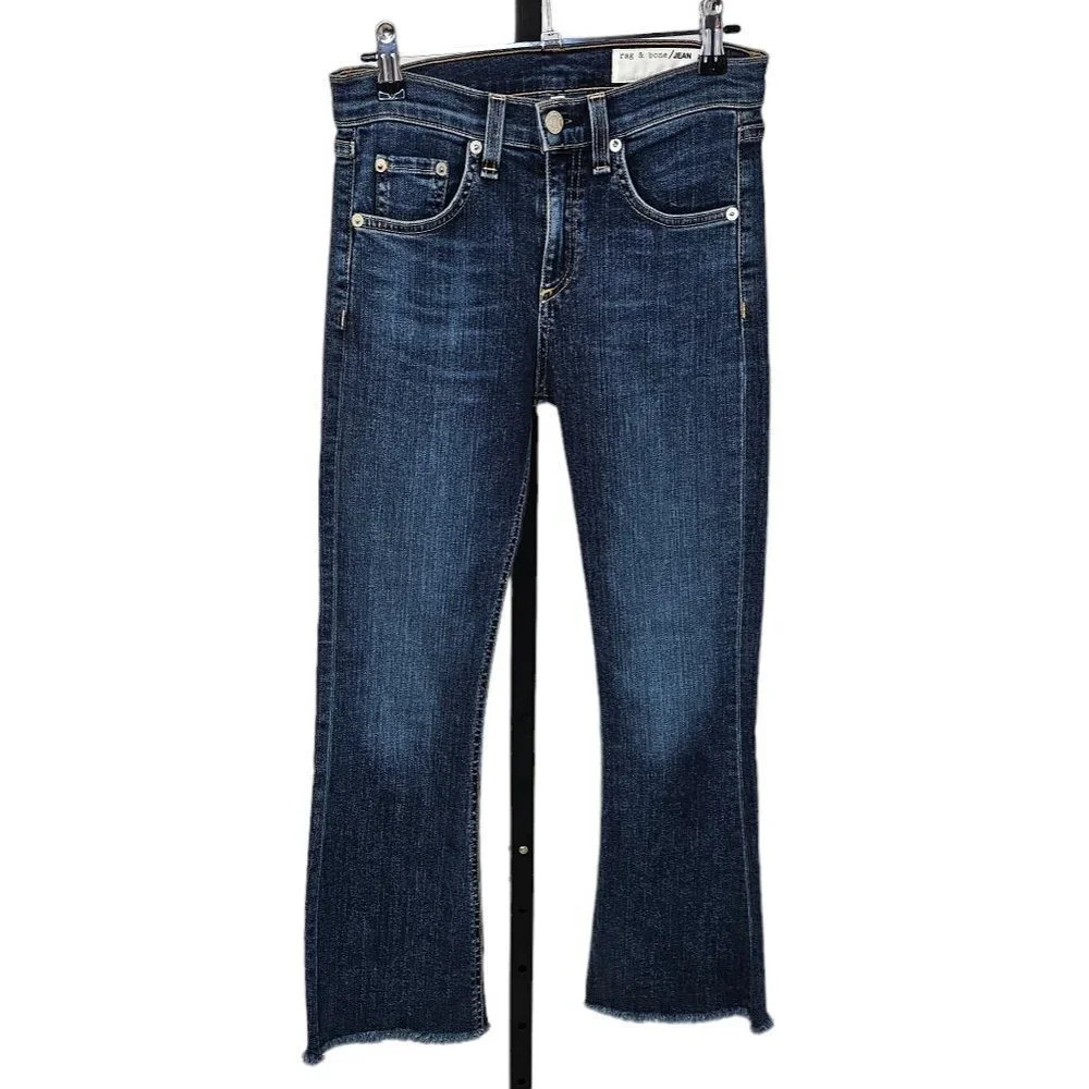 Rag & Bone  Women's Crop Flare Jeans Size 24 Blue Denim Frayed Hem